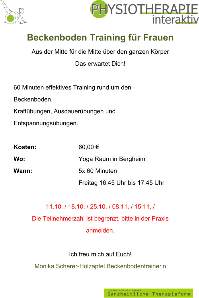 Beckenboden Training für Frauen Termine Oktober 2024